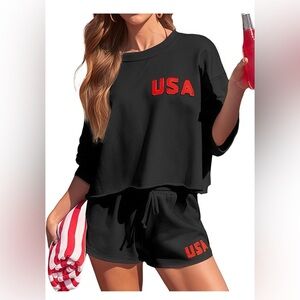 USA Black Cropped Sweatshirt & Shorts Set